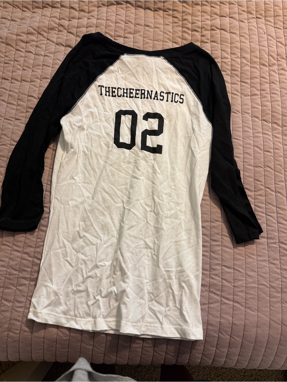 District Black & White Raglan Baseball Tee with 'THECHEERNASTICS' 02